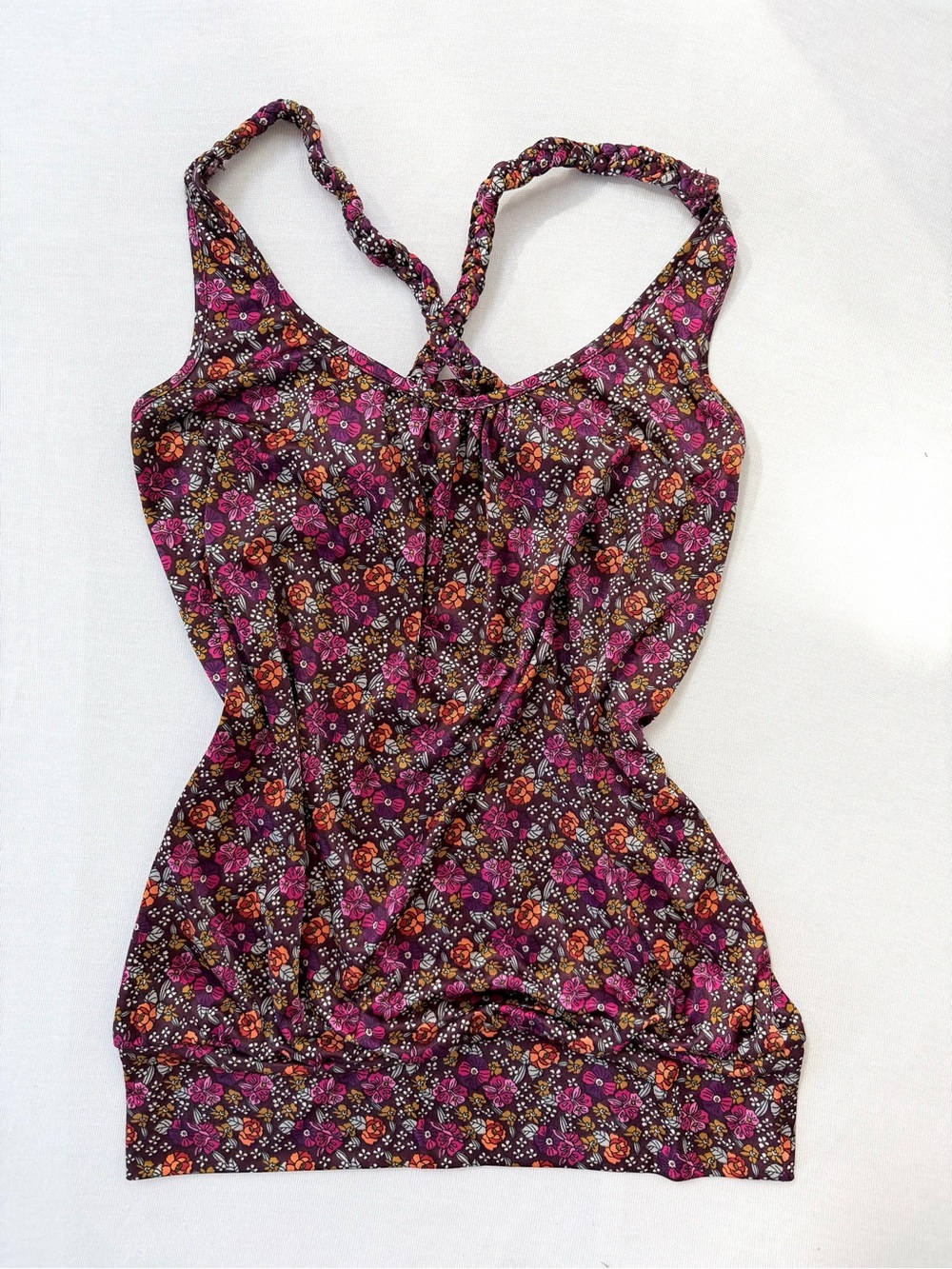 Y2K Ruched Babydoll Cami By Weavers —  brown pink ditzy floral braided back